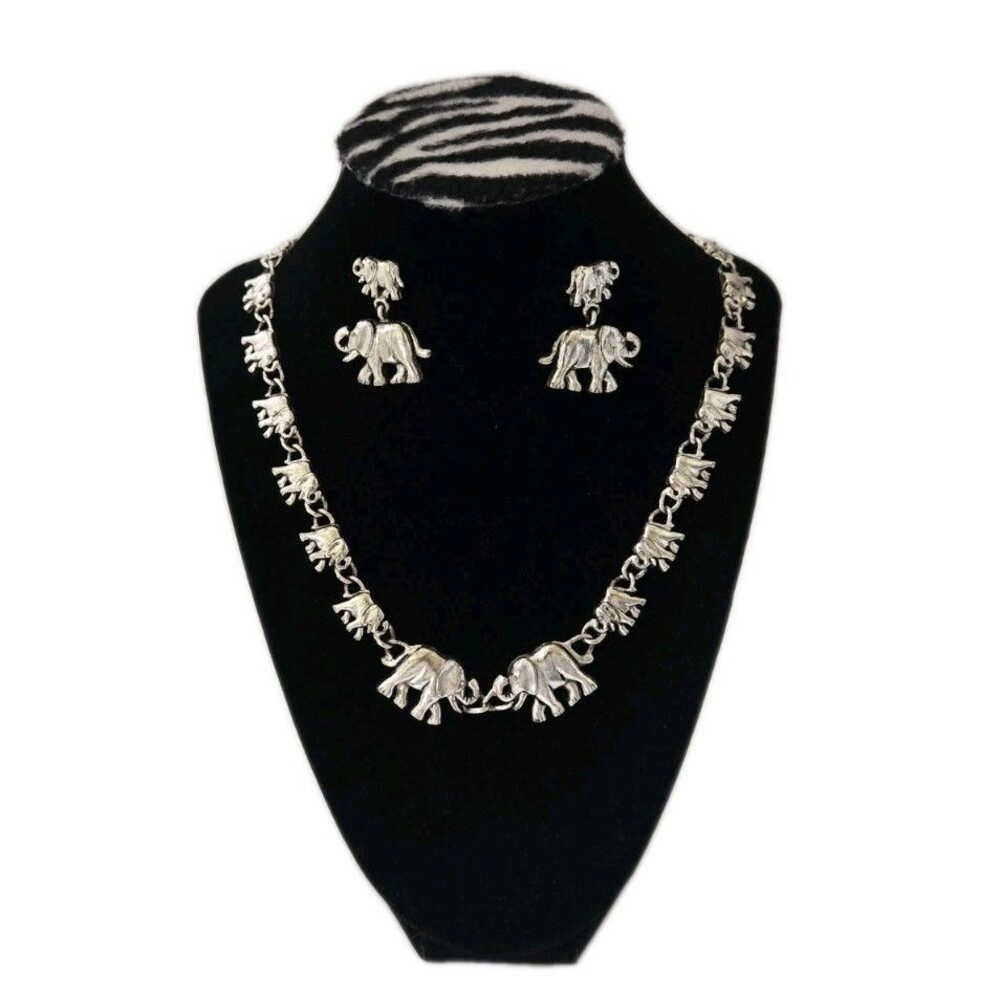 Unbrended Silver Tone Walking Elephants 19" Necklace and Dangly Earrings Set